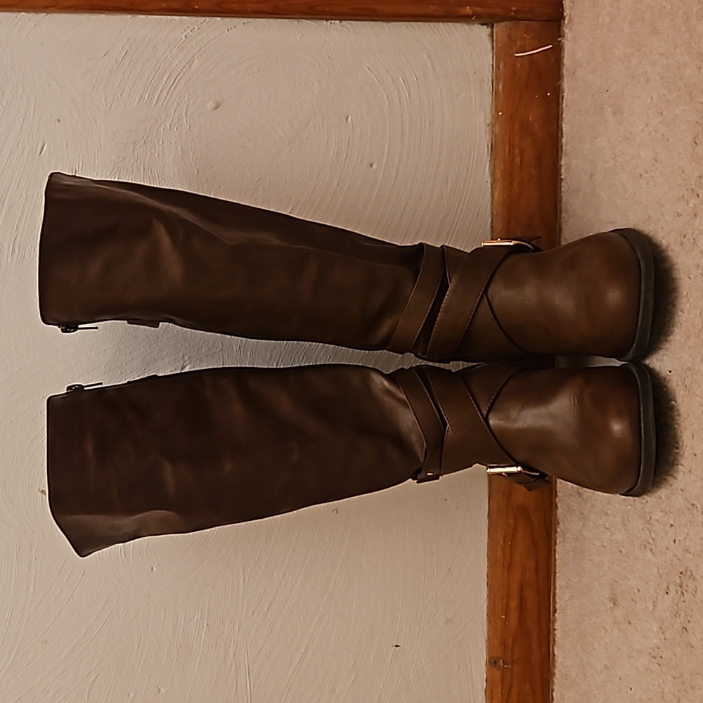 Brown Faux Leather Knee High Boots